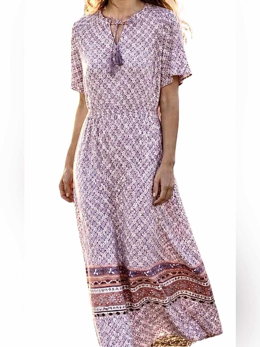 Knox Rose Boho Tassel Tie Lavender Floral Print Maxi Dress